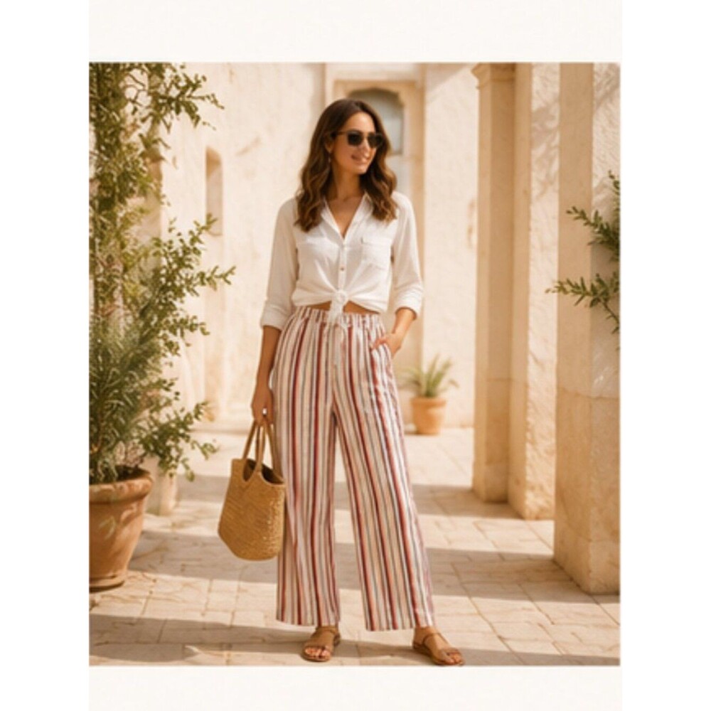 Wide Leg Striped Pants White Red Blue Linen Cottagecore Lagenlook JOE B. Medium